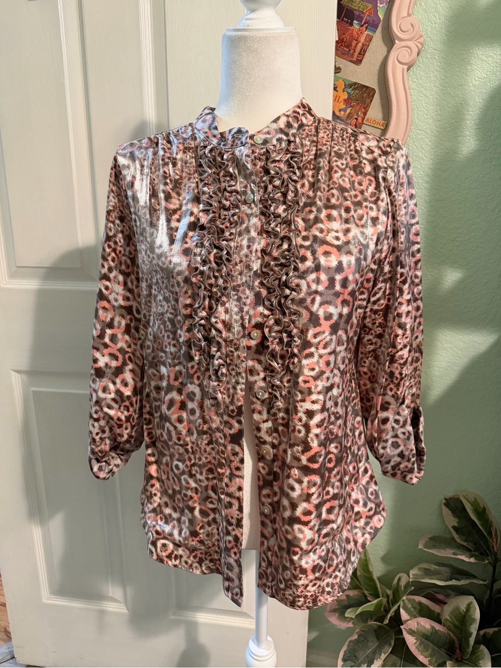 Ruby Rd. Pink and Brown Leopard Ruffle Front Blouse
